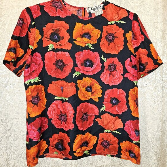Carlisle Tops - Carlisle hyper-realistic poppy print silk short-sleeved 1980s blouse